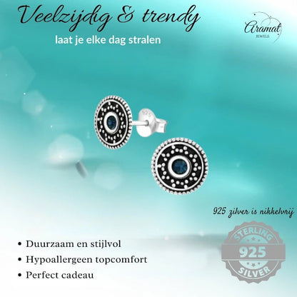 Oorstekers – Sterling Zilver Bali Etnisch Donker Blauw Kristal 9mm Rond Geoxideerd - Aramat Jewels - Oorbellen - cadeautip