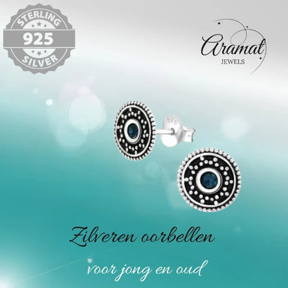 Oorstekers – Sterling Zilver Bali Etnisch Donker Blauw Kristal 9mm Rond Geoxideerd - Aramat Jewels - Oorbellen - cadeautip