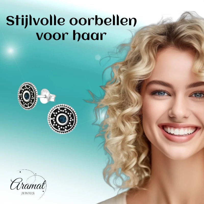 Oorstekers – Sterling Zilver Bali Etnisch Donker Blauw Kristal 9mm Rond Geoxideerd - Aramat Jewels - Oorbellen - cadeautip