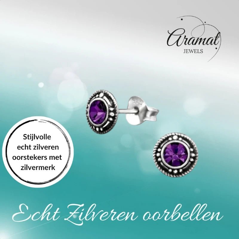 Oorstekers – Sterling Zilver Bali Etnisch Paars Kristal 7mm Dames - Aramat Jewels - Oorbellen - cadeautip