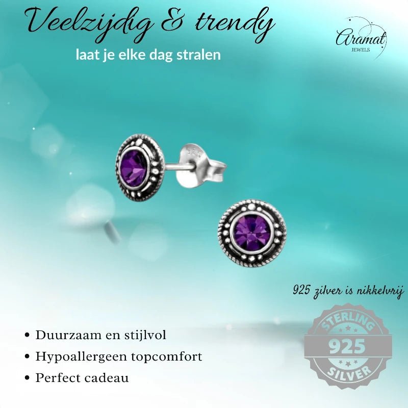 Oorstekers – Sterling Zilver Bali Etnisch Paars Kristal 7mm Dames - Aramat Jewels - Oorbellen - cadeautip