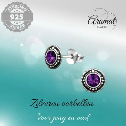 Oorstekers – Sterling Zilver Bali Etnisch Paars Kristal 7mm Dames - Aramat Jewels - Oorbellen - cadeautip
