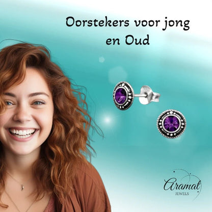 Oorstekers – Sterling Zilver Bali Etnisch Paars Kristal 7mm Dames - Aramat Jewels - Oorbellen - cadeautip
