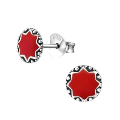 Oorstekers – Sterling Zilver Bali Etnisch Rood Emaille 6mm Rond Geoxideerd - Aramat Jewels - Oorbellen - cadeautip