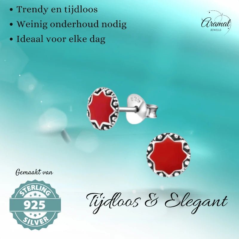Oorstekers – Sterling Zilver Bali Etnisch Rood Emaille 6mm Rond Geoxideerd - Aramat Jewels - Oorbellen - cadeautip