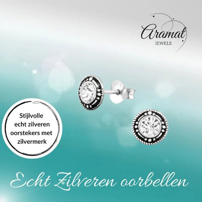 Oorstekers – Sterling Zilver Bali Etnisch Transparant Kristal 7mm Rond Geoxideerd - Aramat Jewels - Oorbellen - cadeautip
