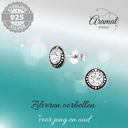 Oorstekers – Sterling Zilver Bali Etnisch Transparant Kristal 7mm Rond Geoxideerd - Aramat Jewels - Oorbellen - cadeautip