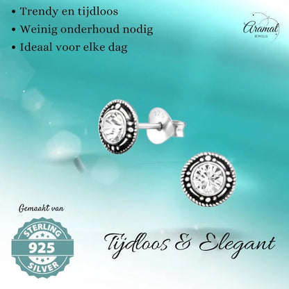 Oorstekers – Sterling Zilver Bali Etnisch Transparant Kristal 7mm Rond Geoxideerd - Aramat Jewels - Oorbellen - cadeautip
