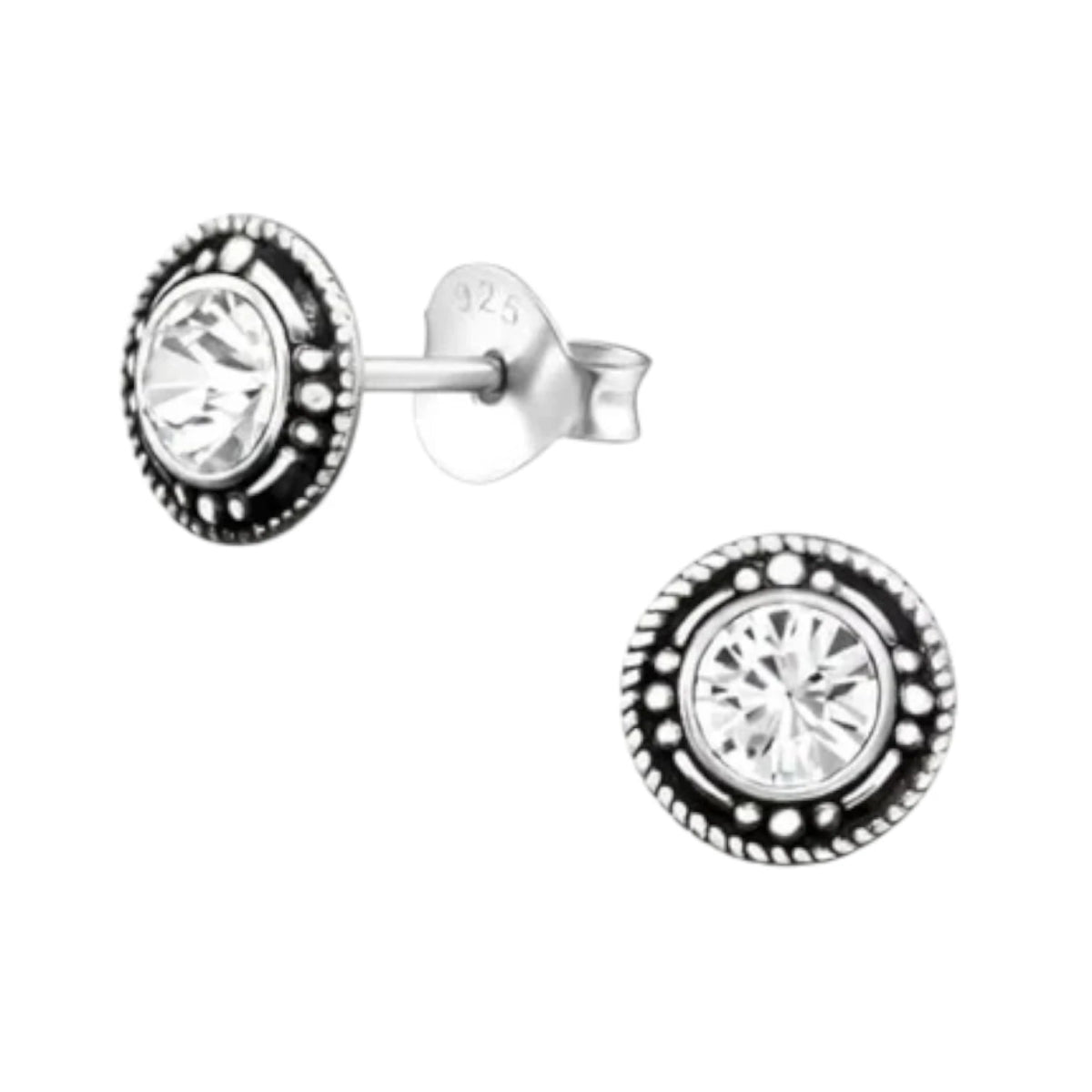 Oorstekers – Sterling Zilver Bali Etnisch Transparant Kristal 7mm Rond Geoxideerd - Aramat Jewels - Oorbellen - cadeautip