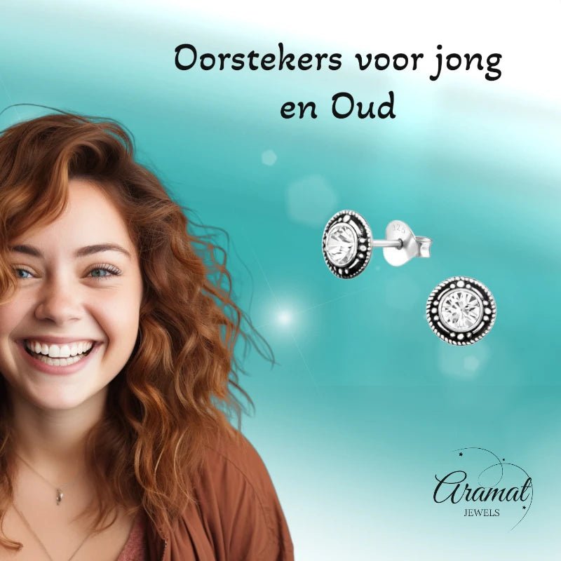 Oorstekers – Sterling Zilver Bali Etnisch Transparant Kristal 7mm Rond Geoxideerd - Aramat Jewels - Oorbellen - cadeautip