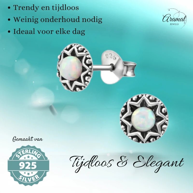 Oorstekers – Sterling Zilver Bali Etnisch Wit Opaal 6mm Rond Geoxideerd - Aramat Jewels - Oorbellen - cadeautip