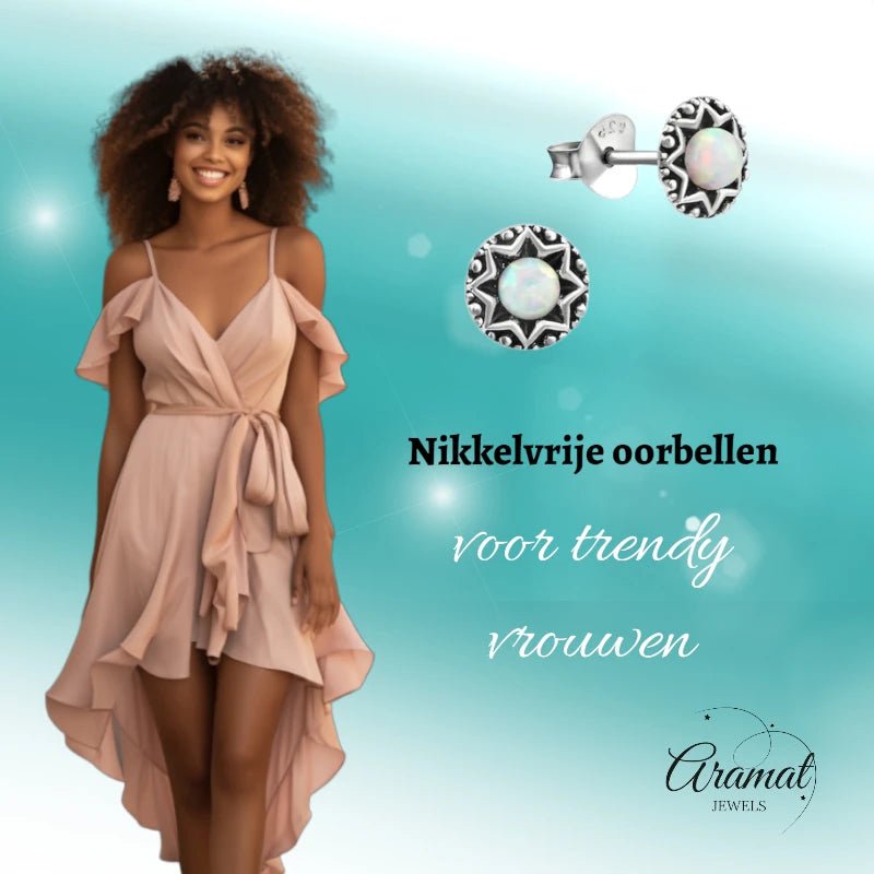 Oorstekers – Sterling Zilver Bali Etnisch Wit Opaal 6mm Rond Geoxideerd - Aramat Jewels - Oorbellen - cadeautip