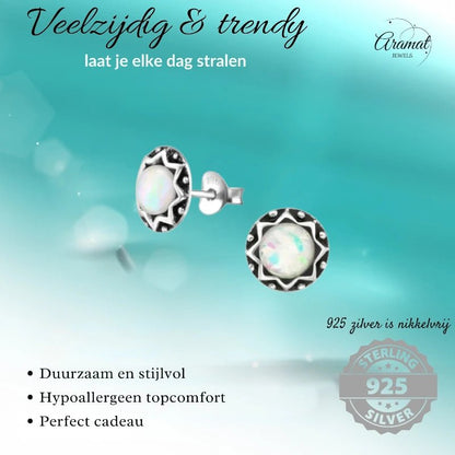 Oorstekers – Sterling Zilver Bali Etnisch Wit Opaal 9mm Rond Geoxideerd - Aramat Jewels - Oorbellen - cadeautip