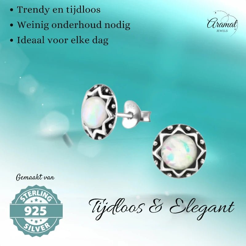 Oorstekers – Sterling Zilver Bali Etnisch Wit Opaal 9mm Rond Geoxideerd - Aramat Jewels - Oorbellen - cadeautip