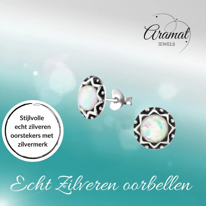 Oorstekers – Sterling Zilver Bali Etnisch Wit Opaal 9mm Rond Geoxideerd - Aramat Jewels - Oorbellen - cadeautip