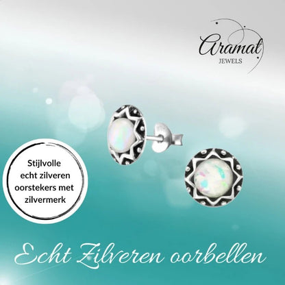 Oorstekers – Sterling Zilver Bali Etnisch Wit Opaal 9mm Rond Geoxideerd - Aramat Jewels - Oorbellen - cadeautip