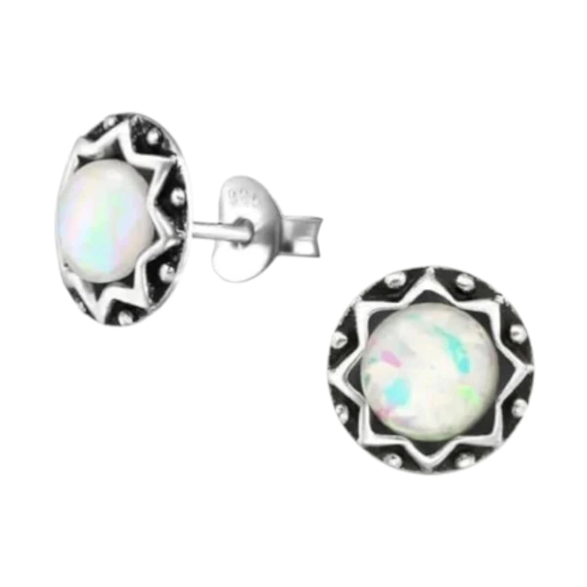 Oorstekers – Sterling Zilver Bali Etnisch Wit Opaal 9mm Rond Geoxideerd - Aramat Jewels - Oorbellen - cadeautip
