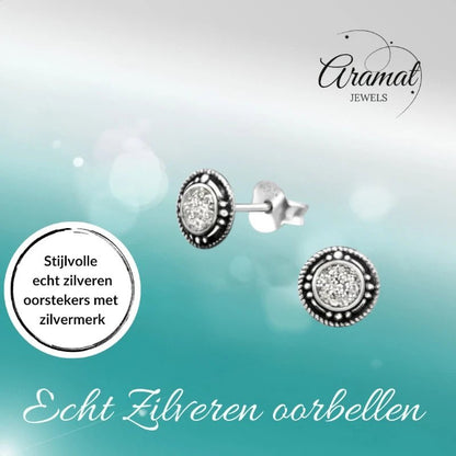 Oorstekers – Sterling Zilver Bali Etnisch Witte Glitter 7mm Rond Geoxideerd - Aramat Jewels - Oorbellen - cadeautip