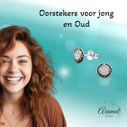 Oorstekers – Sterling Zilver Bali Etnisch Witte Glitter 7mm Rond Geoxideerd - Aramat Jewels - Oorbellen - cadeautip