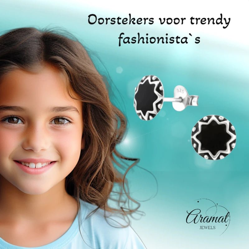 Oorstekers – Sterling Zilver Bali Etnisch Zwart Emaille 8mm Rond Geoxideerd - Aramat Jewels - Oorbellen - cadeautip