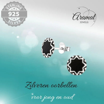 Oorstekers – Sterling Zilver Bali Etnisch Zwart Emaille 8mm Rond Geoxideerd - Aramat Jewels - Oorbellen - cadeautip