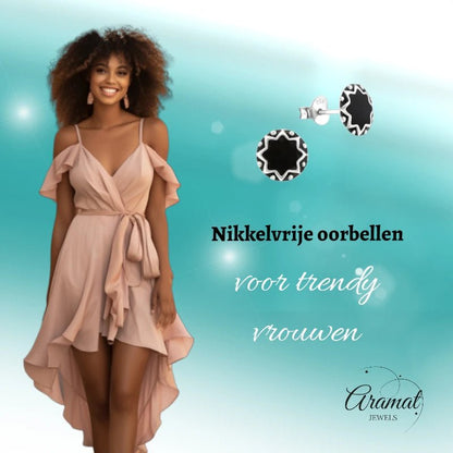 Oorstekers – Sterling Zilver Bali Etnisch Zwart Emaille 8mm Rond Geoxideerd - Aramat Jewels - Oorbellen - cadeautip