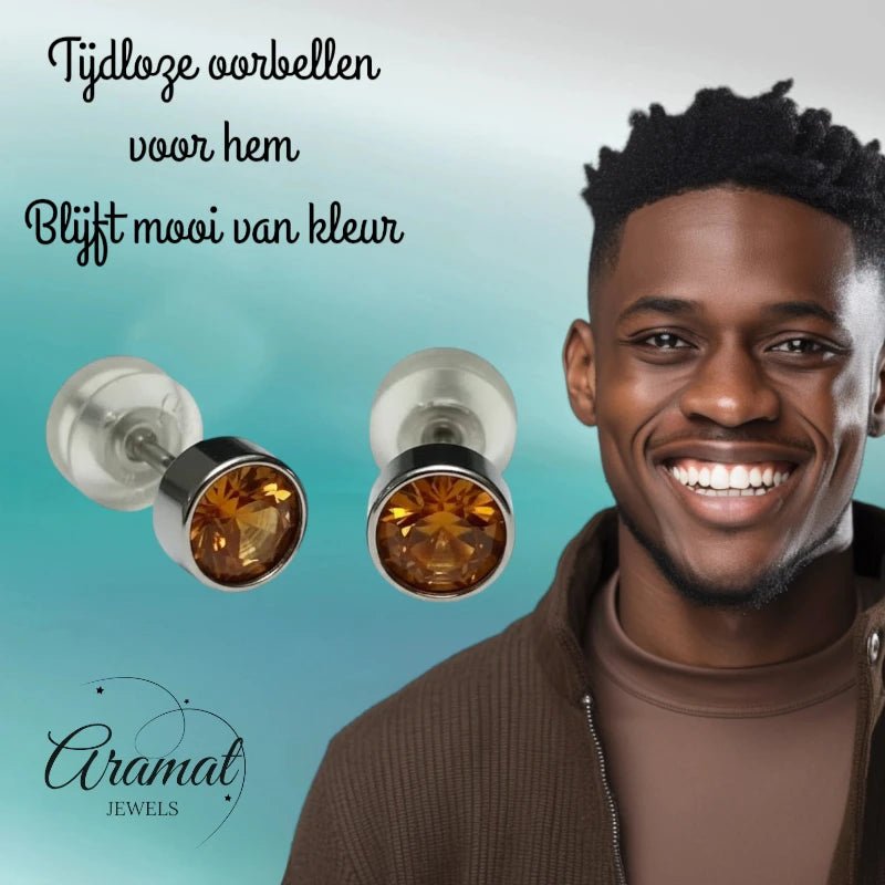 Oorstuds – Staal Kristal Topaas Bruin Zilverkleur (5mm) - Aramat Jewels - Oorbellen - cadeautip