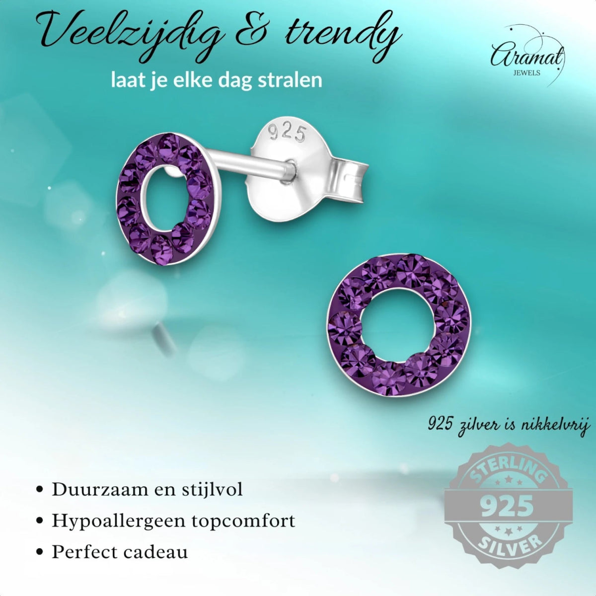 Open cirkel oorbellen paars kristal 925 zilver - Aramat Jewels - Oorbellen - cadeautip