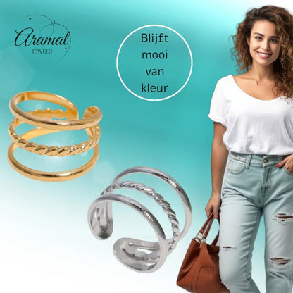 Open Ring Driedubbele Band: Glad en Gedraaid (15 mm Breed) - Aramat Jewels - Ringen - cadeautip