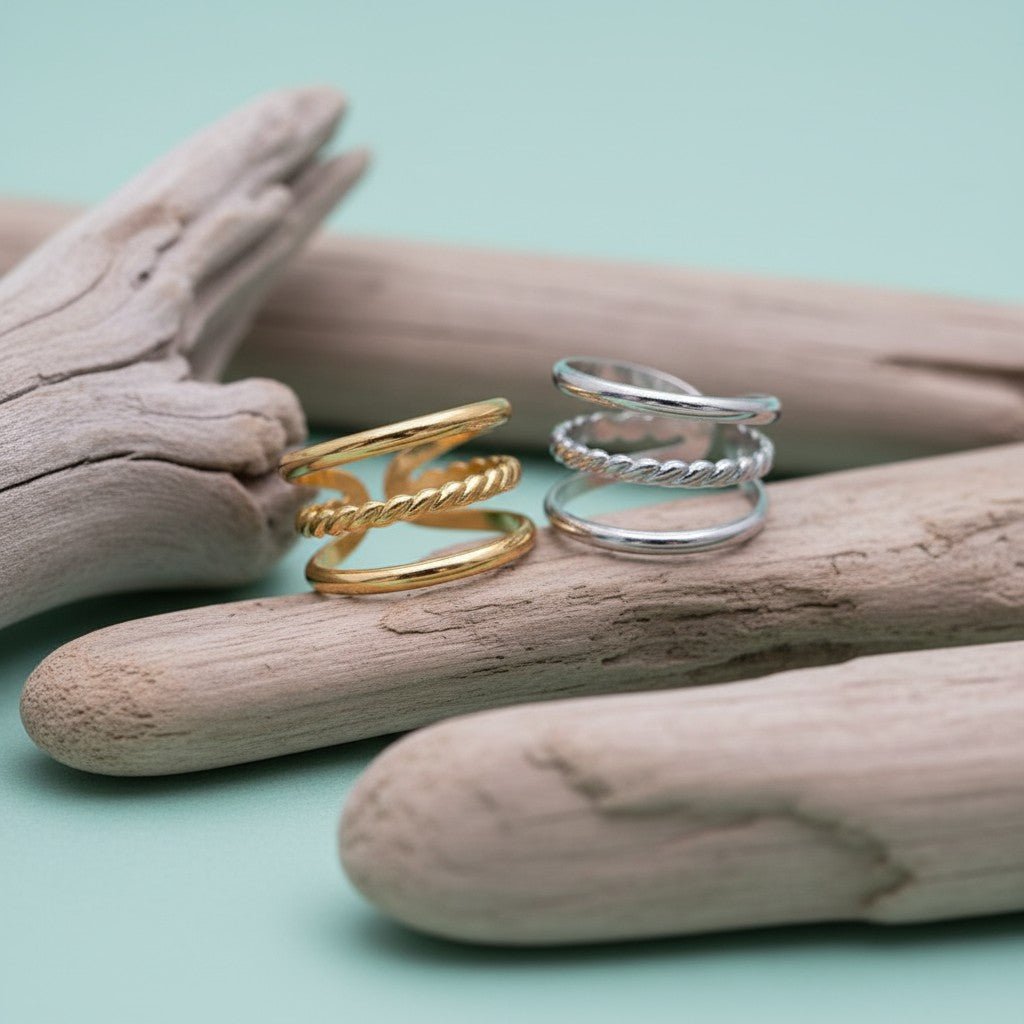 Open Ring Driedubbele Band: Glad en Gedraaid (15 mm Breed) - Aramat Jewels - Ringen - cadeautip