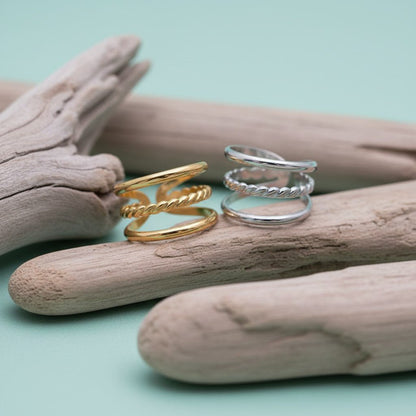 Open Ring Driedubbele Band: Glad en Gedraaid (15 mm Breed) - Aramat Jewels - Ringen - cadeautip