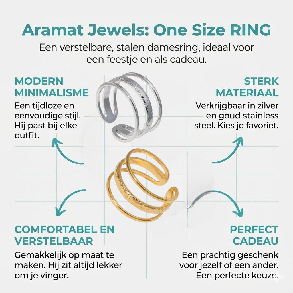 Open Ring Driedubbele Band: Glad en Gehamerd (15 mm RVS) - Aramat Jewels - Ringen - cadeautip
