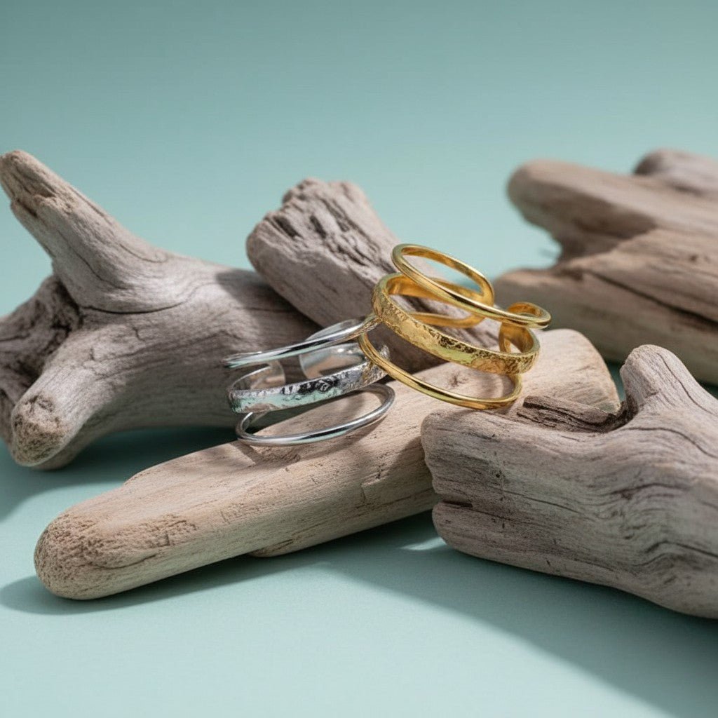 Open Ring Driedubbele Band: Glad en Gehamerd (15 mm RVS) - Aramat Jewels - Ringen - cadeautip