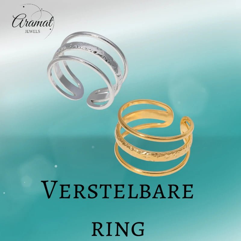 Open Ring Driedubbele Band: Glad en Gehamerd (15 mm RVS) - Aramat Jewels - Ringen - cadeautip