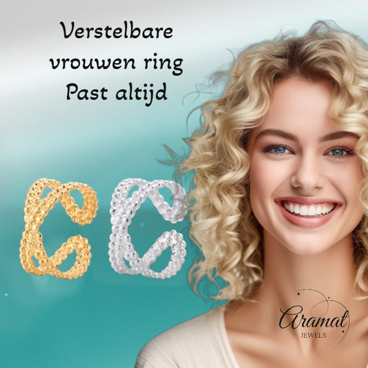 Open Ring Gekruiste Lijn met Bolletjes Reliëf (Verstelbaar RVS) - Aramat Jewels - Ringen - cadeautip
