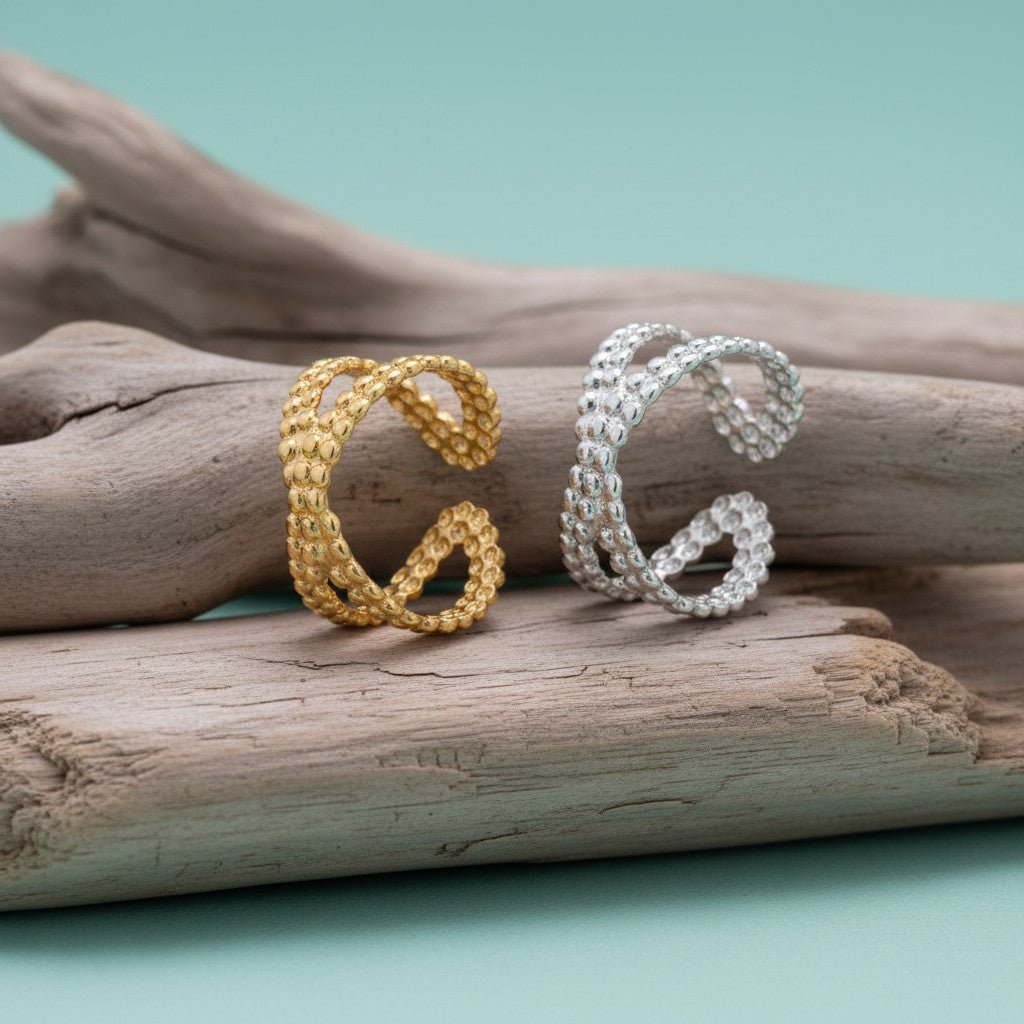 Open Ring Gekruiste Lijn met Bolletjes Reliëf (Verstelbaar RVS) - Aramat Jewels - Ringen - cadeautip