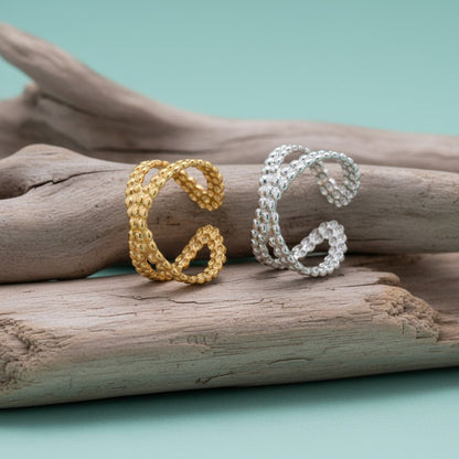 Open Ring Gekruiste Lijn met Bolletjes Reliëf (Verstelbaar RVS) - Aramat Jewels - Ringen - cadeautip