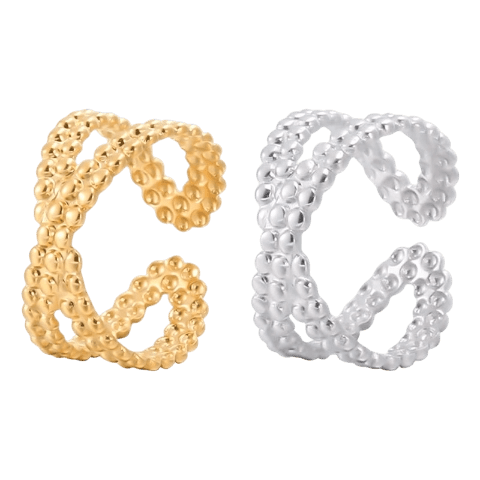 Open Ring Gekruiste Lijn met Bolletjes Reliëf (Verstelbaar RVS) - Aramat Jewels - Ringen - cadeautip