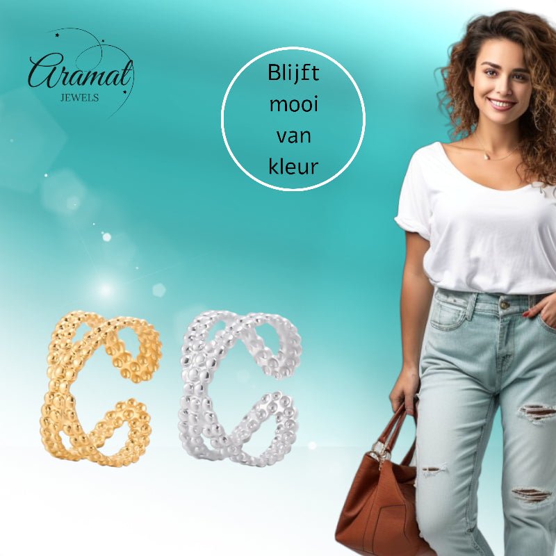 Open Ring Gekruiste Lijn met Bolletjes Reliëf (Verstelbaar RVS) - Aramat Jewels - Ringen - cadeautip