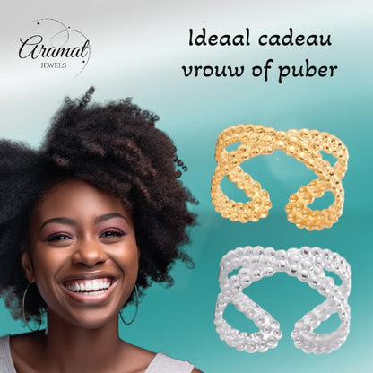 Open Ring Gekruiste Lijn met Bolletjes Reliëf (Verstelbaar RVS) - Aramat Jewels - Ringen - cadeautip