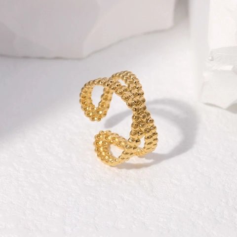Open Ring Gekruiste Lijn met Bolletjes Reliëf (Verstelbaar RVS) - Aramat Jewels - Ringen - cadeautip