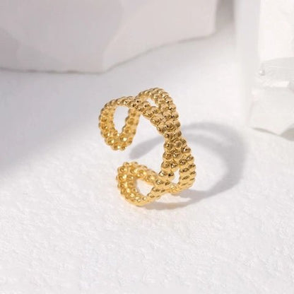 Open Ring Gekruiste Lijn met Bolletjes Reliëf (Verstelbaar RVS) - Aramat Jewels - Ringen - cadeautip