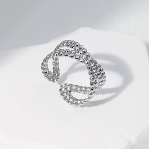 Open Ring Gekruiste Lijn met Bolletjes Reliëf (Verstelbaar RVS) - Aramat Jewels - Ringen - cadeautip