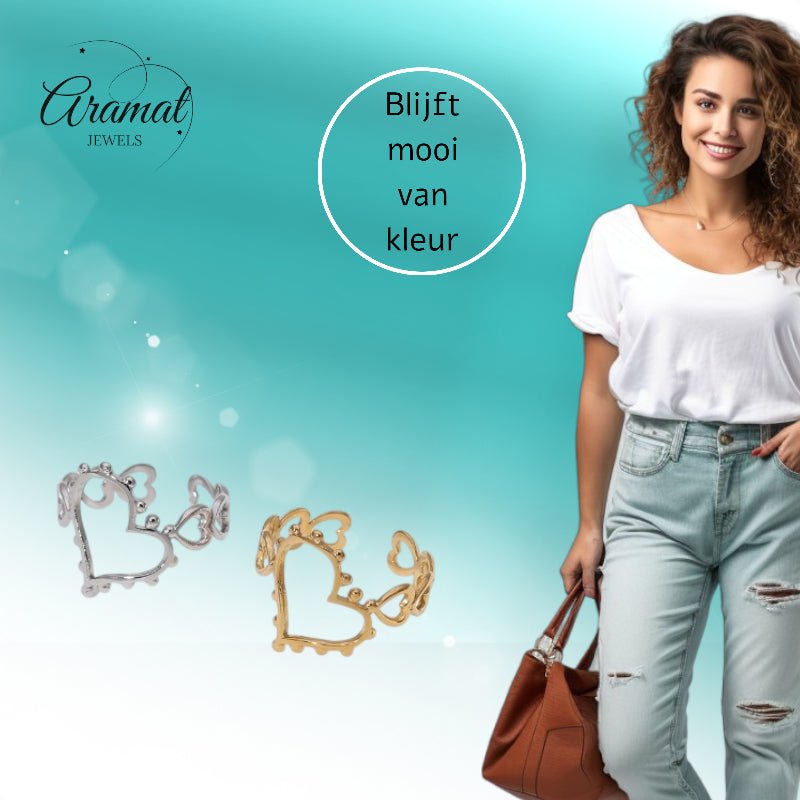Open Ring Hartjes Schakel met Bolletjes Versiering (RVS Verstelbaar) - Aramat Jewels - Ringen - cadeautip