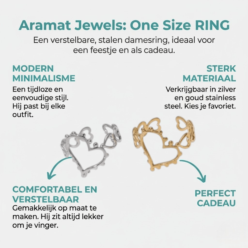 Open Ring Hartjes Schakel met Bolletjes Versiering (RVS Verstelbaar) - Aramat Jewels - Ringen - cadeautip