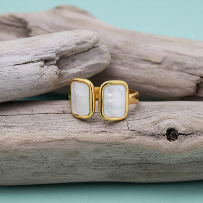 Open Ring RVS 2 Rechthoeken Emaille - 13mm - Parel Wit - Aramat Jewels - Ringen - cadeautip