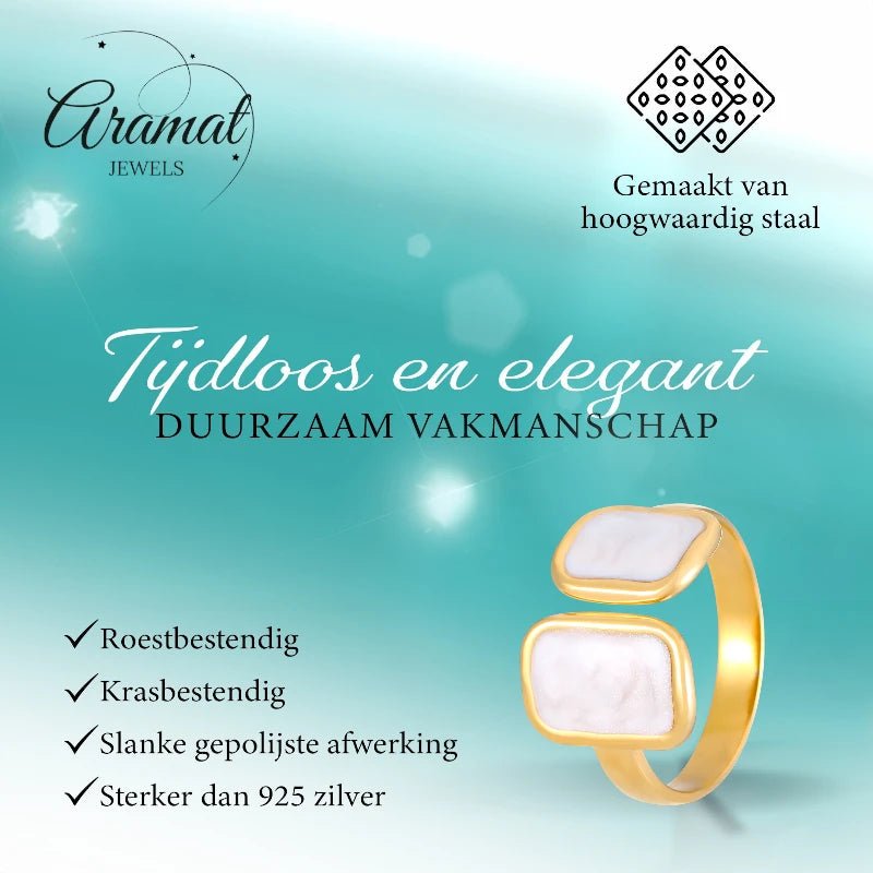 Open Ring RVS 2 Rechthoeken Emaille - 13mm - Parel Wit - Aramat Jewels - Ringen - cadeautip