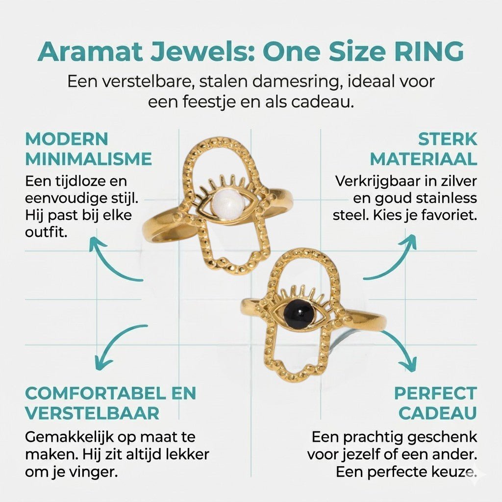 Open Ring RVS Hamsa Hand en Oog met Emaille (18 mm) - Aramat Jewels - Ringen - cadeautip