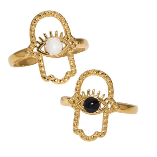 Open Ring RVS Hamsa Hand en Oog met Emaille (18 mm) - Aramat Jewels - Ringen - cadeautip