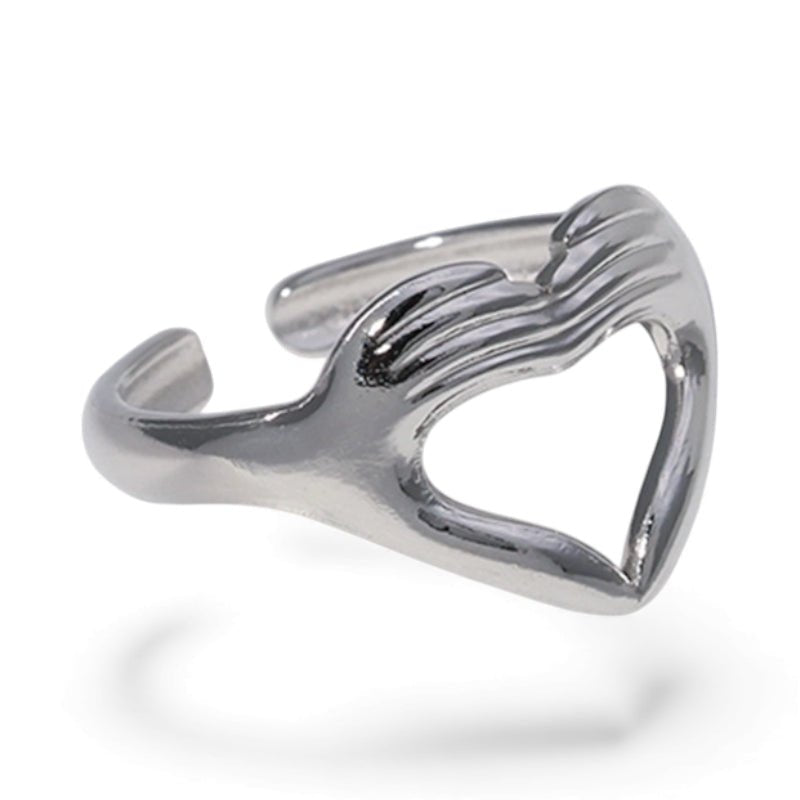 Open Ring RVS Hart met Handen Symbool (14 mm Breed) - Aramat Jewels - Ringen - cadeautip